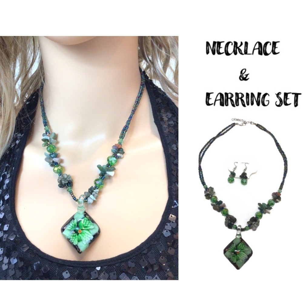 Fashion Green Floral Glass Necklace & Earring Set